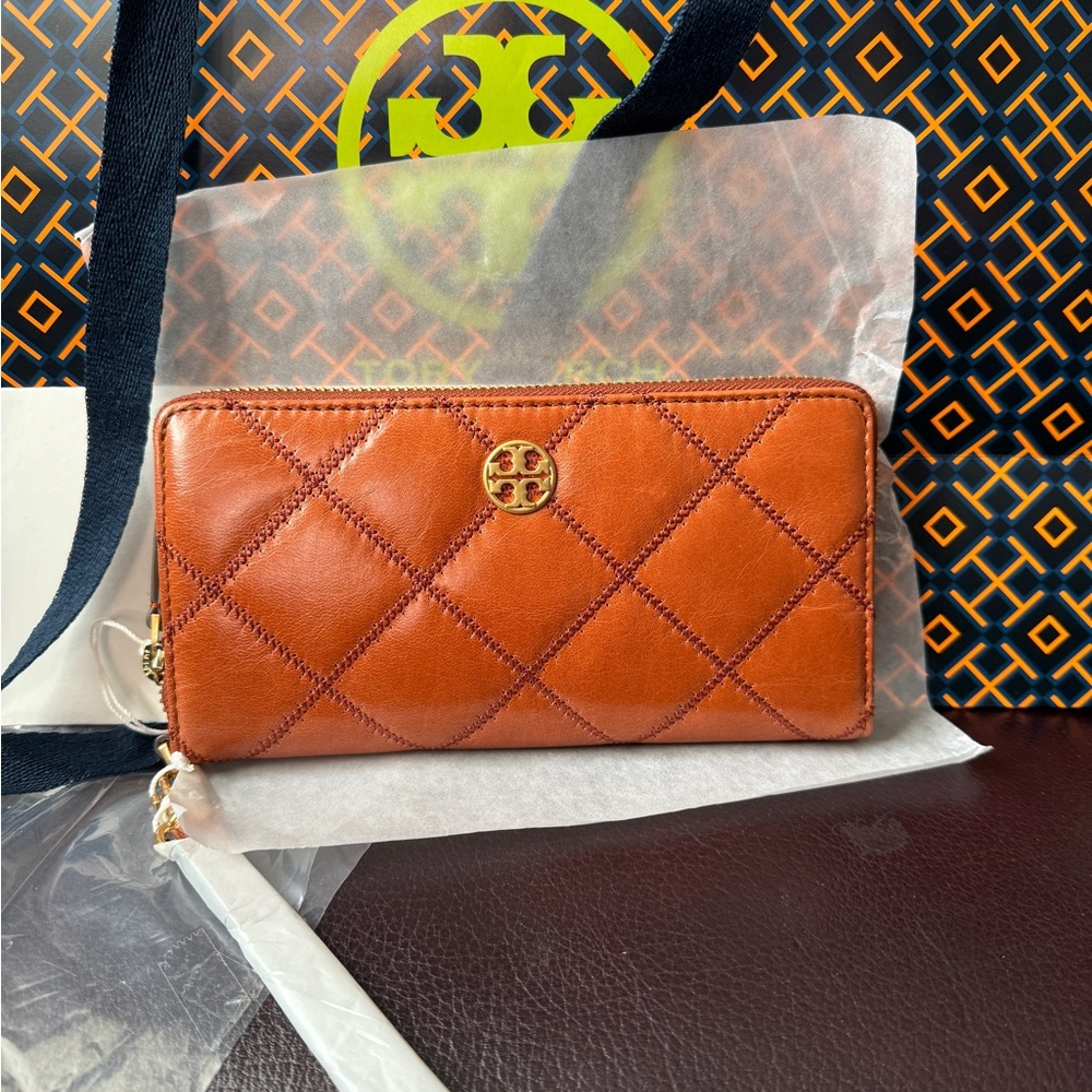 Tory Burch full zipper Wallet Continental 171544 NWT in dark whiskey/shoppingbag